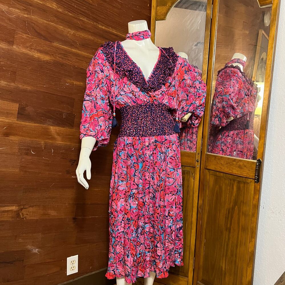 VINTAGE 80s Rare Diane Freis Boho Dress Pink Ruffle Size 12 Batwing Midi Length